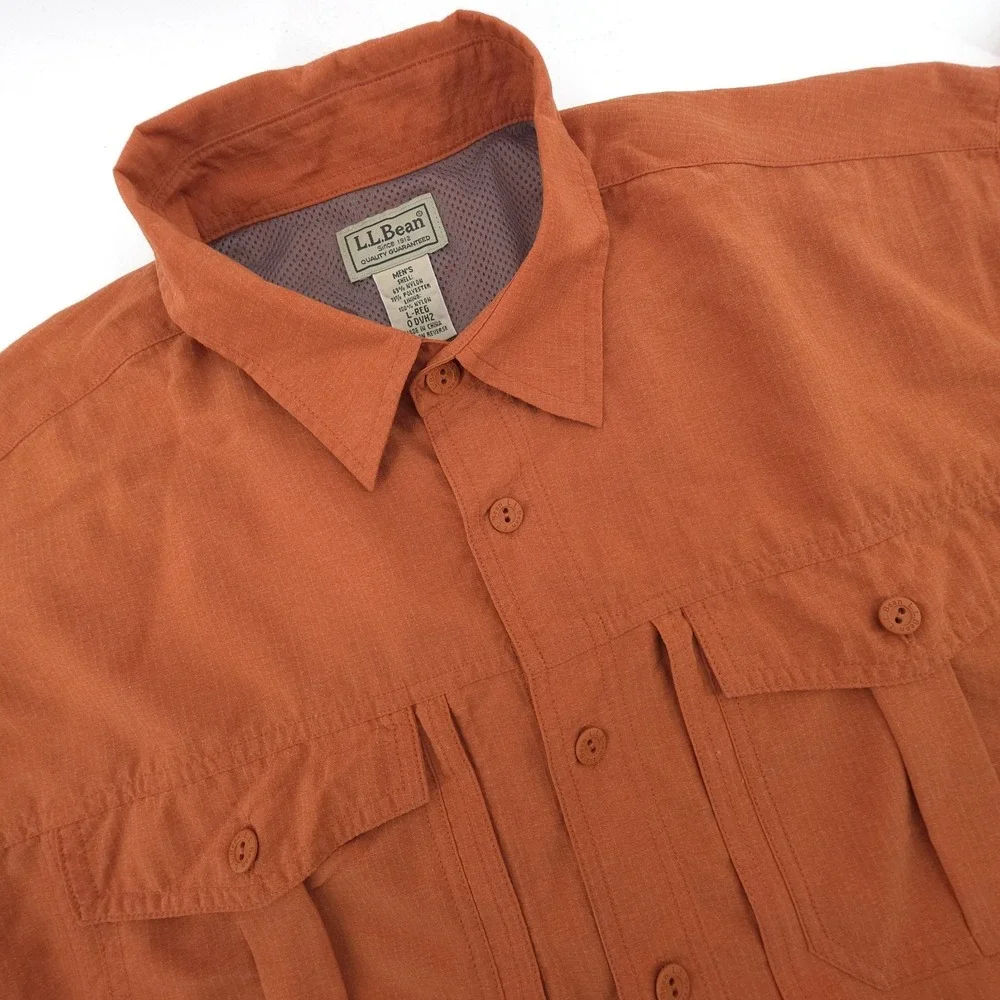 LL Bean Fishing Shirt Mens Large Orange Button Down Pockets Vented Outdoors - Picture 1 of 7